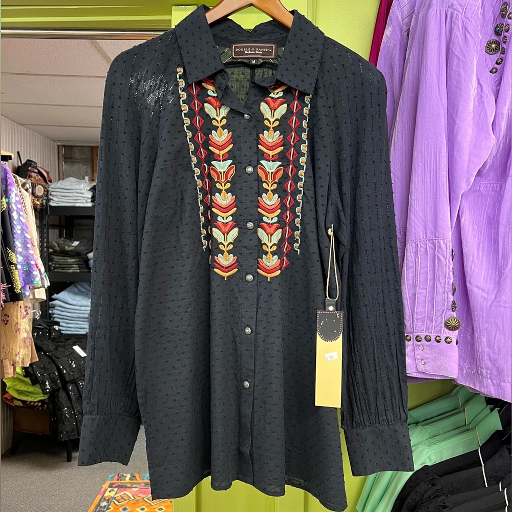 Double D Ranch Black Button Down Shirt with Embroidered Accents